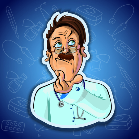 Vector illustration of thoughtful doctor. Gradient background with the images of medical tools. Made in comic cartoon style.の写真素材