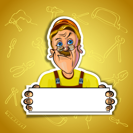 Vector illustration of serious workman holding blank poster in his hands. Gradient background with the images of different tools. Made in comic cartoon style.の写真素材