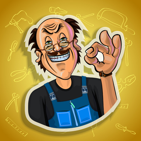 Vector illustration of smiling workman showing OK gesture. Gradient background with the images of different tools. Made in comic cartoon style.の写真素材