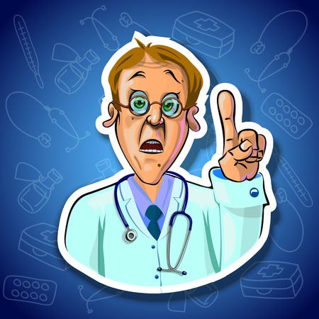 Vector image of astonished doctor holding his index finger up - sign of attention. Gradient background with the images of medical tools. Made in comic cartoon style.の写真素材