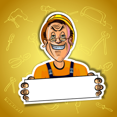 Vector illustration of smiling workman wearing a helmet and holding blank poster in his hands. Gradient background with the images of different tools. Made in comic cartoon style.の写真素材