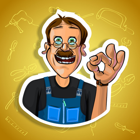 Vector illustration of cheerful workman showing OK gesture. Gradient background with the images of different tools. Made in comic cartoon style.の写真素材