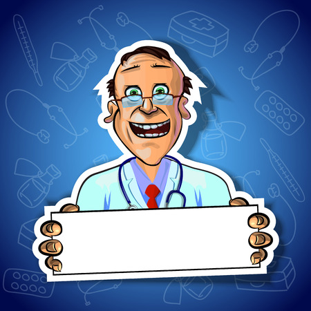 Vector illustration of smiling doctor holding blank poster in his hands. Gradient background with the images of medical tools. Made in comic cartoon style.の写真素材