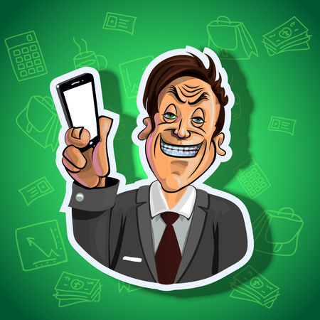 Vector illustration of smiling businessman holding mobile phone in his hand. Gradient background with the office accessories.  Made in comic cartoon style.の写真素材