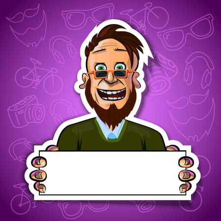 Vector illustration of cheerful young man holding blank poster in his hands. Gradient backroung with the images of hipster accessories. Made in comic cartoon style.の写真素材