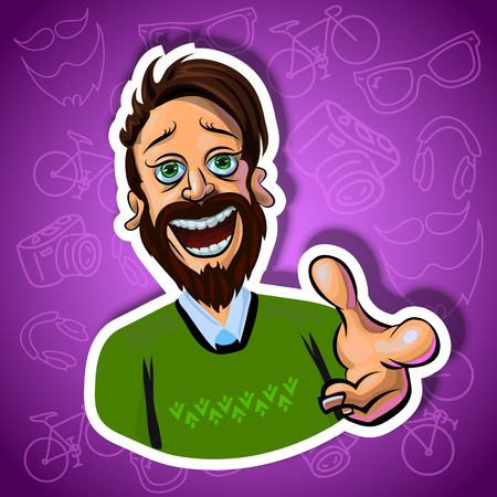 Vector illustration of cheerful young man pointing with his index finger at the camera. Gradient backroung with the images of hipster accessories. Made in comic cartoon style.の写真素材