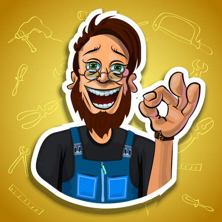 Vector illustration of cheerful bearded workman showing OK gesture. Gradient background with the images of different tools. Made in comic cartoon style.の写真素材
