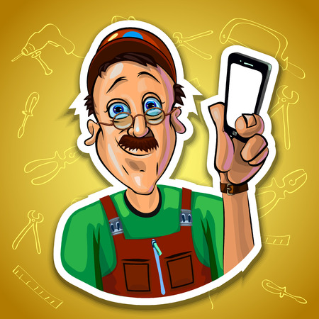 Vector illustration of smiling workman holding a mobile phone in his hand. Gradient background with the images of different tools. Made in comic cartoon style.の写真素材