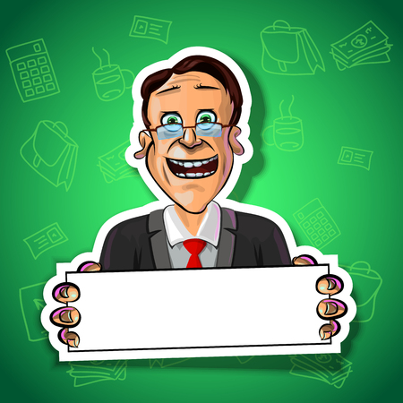 Vector illustration of cheerful businessman holding blank poster in his hands. Gradient background with the office accessories.  Made in comic cartoon style.の写真素材
