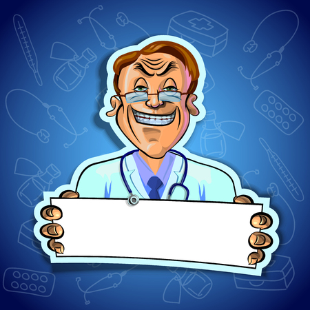 Vector illustration of smiling young doctor holding blank poster in his hands. Gradient background with the images of different tools. Made in comic cartoon style.の写真素材