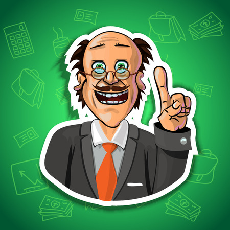 Vector illustration of a businessman holding his index finger up - sign of attention. Gradient background with the office accessories.  Made in comic cartoon style.の写真素材