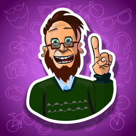 Vector illustration of cheerful man holding his index finger up - sign of attention. Gradient backroung with the images of hipster accessories. Made in comic cartoon style.の写真素材