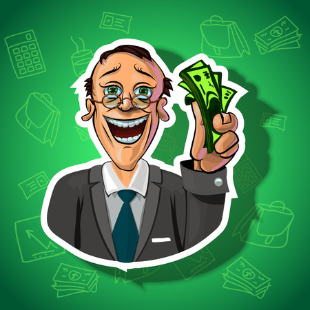 Vector illustration of smiling businessman holding money in his hand. Gradient background with the office accessories.  Made in comic cartoon style.の写真素材