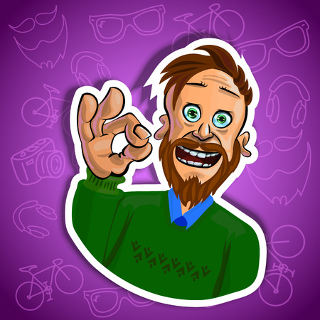 Vector illustration of smiling young man showing OK gesture. Gradient backroung with the images of hipster accessories. Made in comic cartoon style.の写真素材