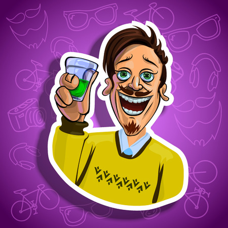 Vector illustration of cheerful young man holding a glass in his hand. Gradient backroung with the images of hipster accessories. Made in comic cartoon style.の写真素材