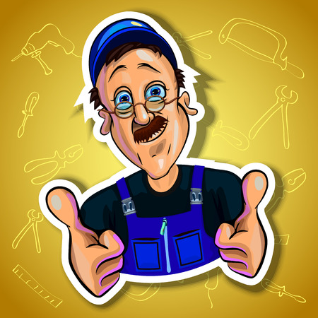 Vector illustration of smiling workman holding his hands with thumbs up. Gradient background with the images of different tools. Made in comic cartoon style.の写真素材