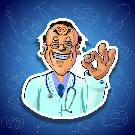 Vector illustration of smiling doctor showing OK gesture. Gradient background with the images of medical tools. Made in comic cartoon style.の写真素材