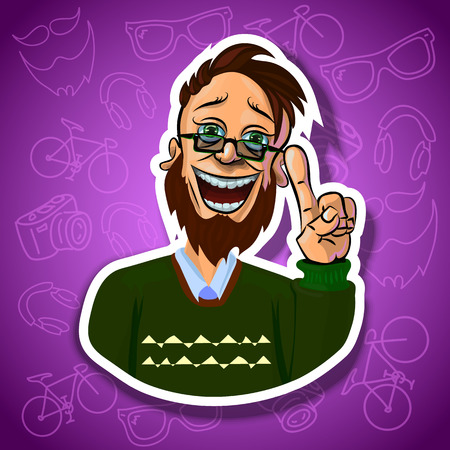 Vector illustration of laughing young man holding his index finger up - sign of attention. Gradient backroung with the images of hipster accessories. Made in comic cartoon style.の写真素材
