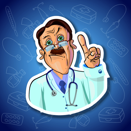 Vector image of serious doctor holding his index finger up - sign of attention. Gradient background with the images of medical tools. Made in comic cartoon style.の写真素材