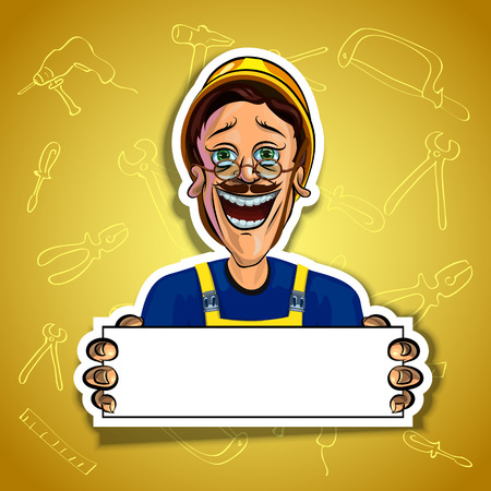 Vector illustration of cheerful workman holding blank poster in his hands. Gradient background with the images of different tools. Made in comic cartoon style.の写真素材