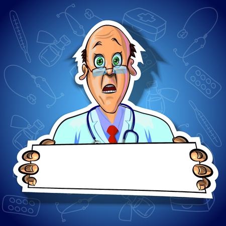 Vector illustration of astonished doctor holding blank poster in his hands. Gradient background with the images of medical tools. Made in comic cartoon style.の写真素材