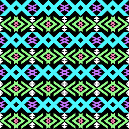 Seamless geometrical ethnic  pattern. Aztec motives. Colored elements on black background.