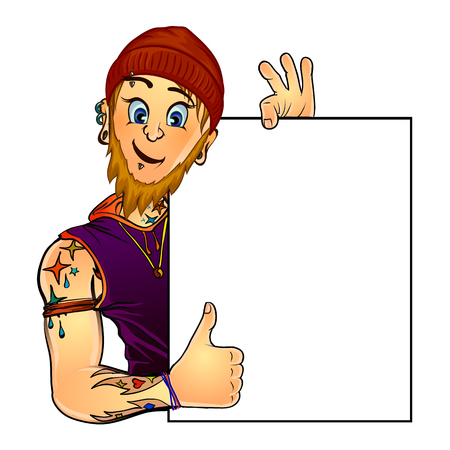 Vector illustration of a bearded male tattoo master holding blank poster in his hand and showing thumbs up. Made in comic cartoon style. Mock up for your text.のイラスト素材