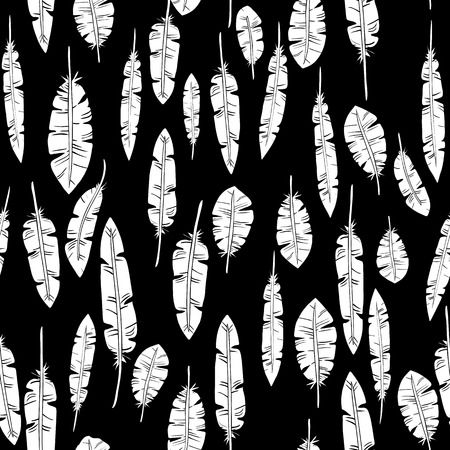 Seamless pattern with feathers. Background in boho chic style. Black and Whiteのイラスト素材