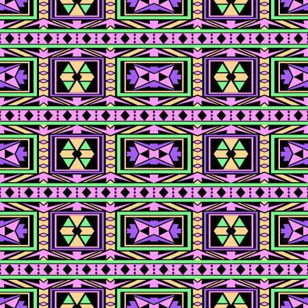 Bright colored seamless pattern with tribal aztec ornament. Boho chic style template for summer fashion.のイラスト素材