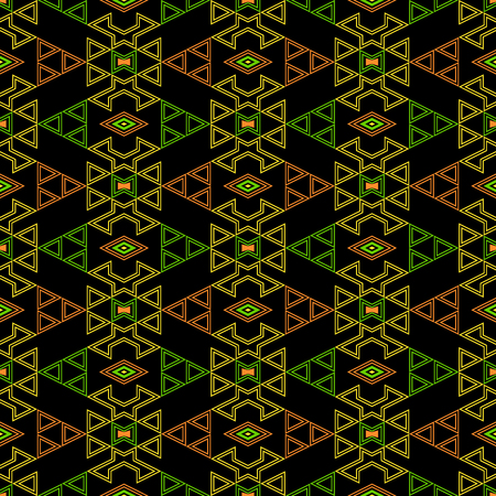 Colored seamless pattern in boho chic style with tribal aztec motives. Black background.のイラスト素材