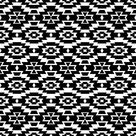Seamless pattern with mexican aztec motives. Boho chic style background. Hipster wallpaper with tribal design. Black and white.のイラスト素材