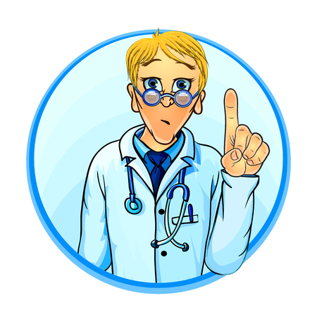 Vector illustration of a doctor holding his index finger up. Comic cartoon style.のイラスト素材