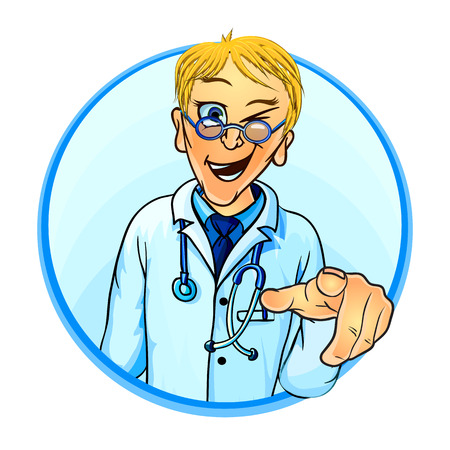 Vector illustration of a smiling doctor pointing at the camera. Comic cartoon style.のイラスト素材