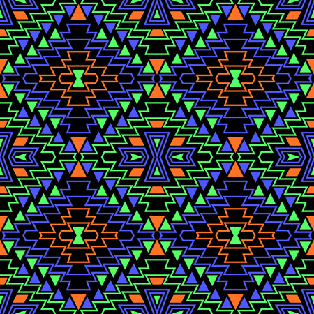 Boho style seamless pattern with bright colored aztec ornament on the black background. Abstract vector wallpaper.のイラスト素材