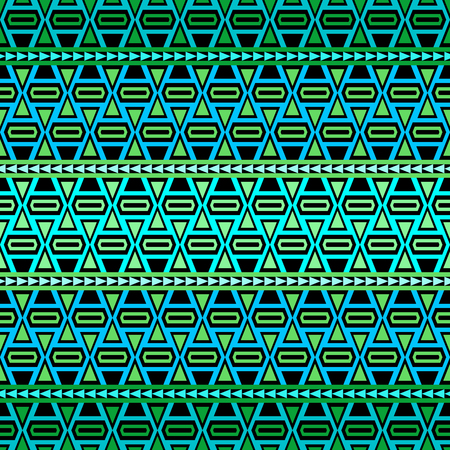 Gradient colored seamless boho chic pattern with tribal aztec ornament.  Modern ethnic wallpaper. Black background.のイラスト素材