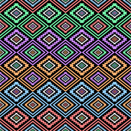 Abstract seamless boho style pattern. Bright colored wallpaper with tribal aztec motives.