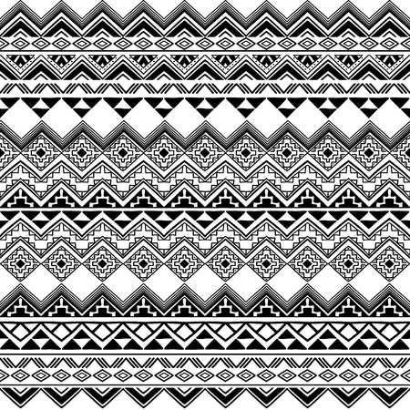 Hand drawn boho chic style background. Abstract seamless pattern with tribal aztec motives. Black and white.のイラスト素材