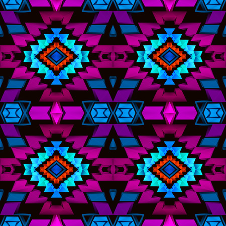 Seamless boho pattern with bright colored aztec ornament. Low poly triangular style.のイラスト素材