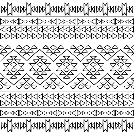 Seamless boho chic pattern with aztec elements. Abstract hand drawn wallpaper in ethnic style. Black and white.のイラスト素材