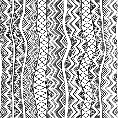 Hand drawn monochrome seamless pattern in boho style. Abstract wallaper with tribal aztec ornament.のイラスト素材