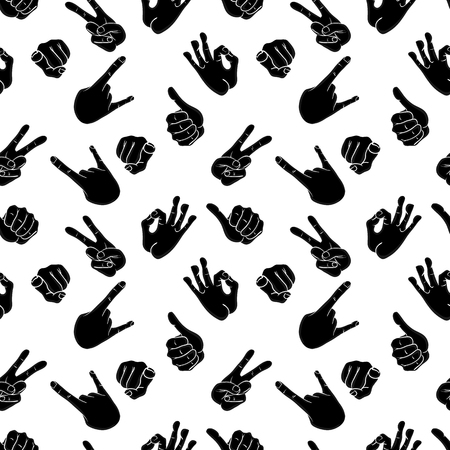 Seamless pattern with various hand gestures. Thumbs up, peace, rock, OK, index finger pointing at the camera. Vector illustration in comic cartoon style.のイラスト素材