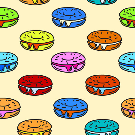 Bright colored seamless pattern in comic cartoon style. Vector illustration of various donuts. Funny print template for textile, paper, wrapping, etc.のイラスト素材