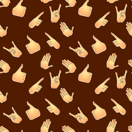 Seamless pattern with various hand gestures. Thumbs up, high five, hard rock, pointing index finger. Vector illustration in comic cartoon style.のイラスト素材