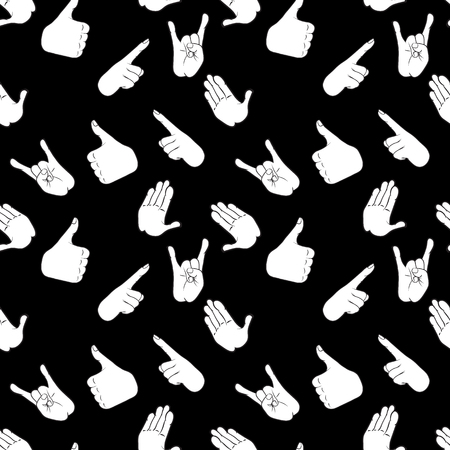 Seamless pattern with various hand gestures. Thumbs up, high five, hard rock, pointing index finger. Vector illustration in comic cartoon style.のイラスト素材