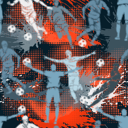 Seamless pattern in urban style. Bright colored abstract background with graffiti motives. Vector wallpaper with soccer players in different poses.のイラスト素材
