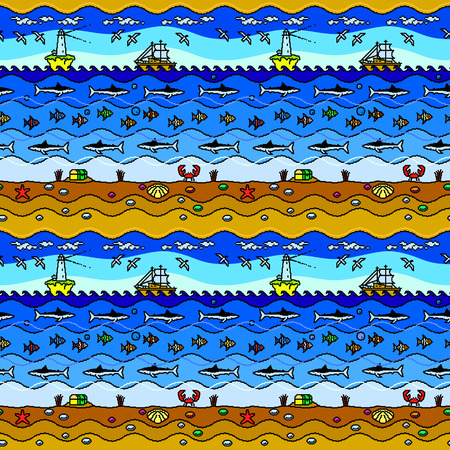 Funny seamless pattern in comic cartoon style. Pixel art. Vector background with nautical motives. Wallpaper with beach, sea, waves, sharks, lighthouse, crabs, ships, fishes, seagulls, shells, etc.のイラスト素材