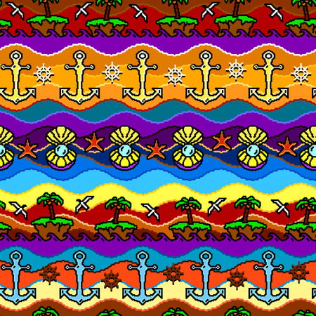 Funny seamless pattern in comic cartoon style. Pixel art. Vector background with marine motives. Wallpaper with beach, sea, waves, islands with palm trees, anchors, steering wheels. Happy colors.のイラスト素材