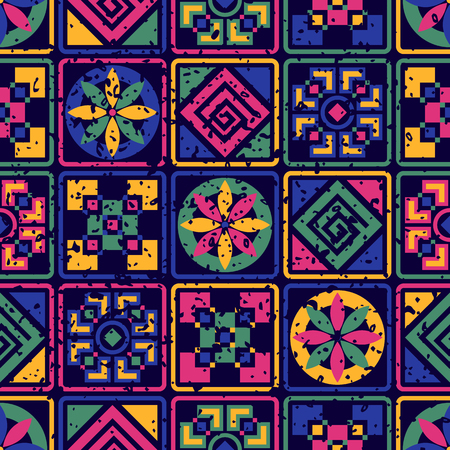 Bright colored seamless pattern in boho chic style. Aztec stylized background with grunge effect. Ethnic print template for fabric and paper.のイラスト素材