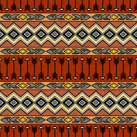 Bright colored seamless pattern in boho chic style. Hand drawn abstract background with aztec motives. Ethnic print template for fabric and paper. Summer fashion.のイラスト素材
