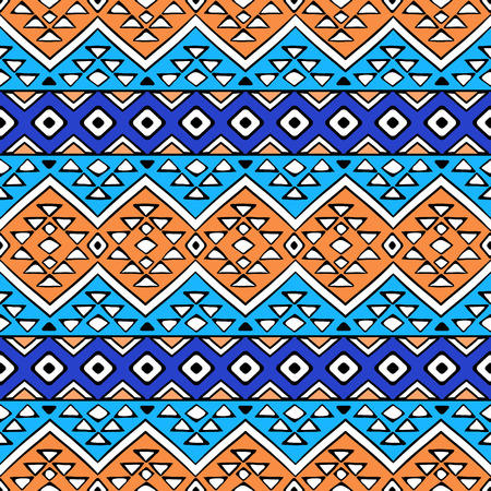 Bright colored seamless pattern in boho chic style. Abstract background with aztec ornament. Hand drawn ethnic print template for fabric and paper. Summer fashion.のイラスト素材